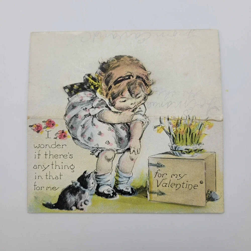 Vintage Valentine Card Girl Kitten Pop Up Die Cut Antique‎ Valentines Day